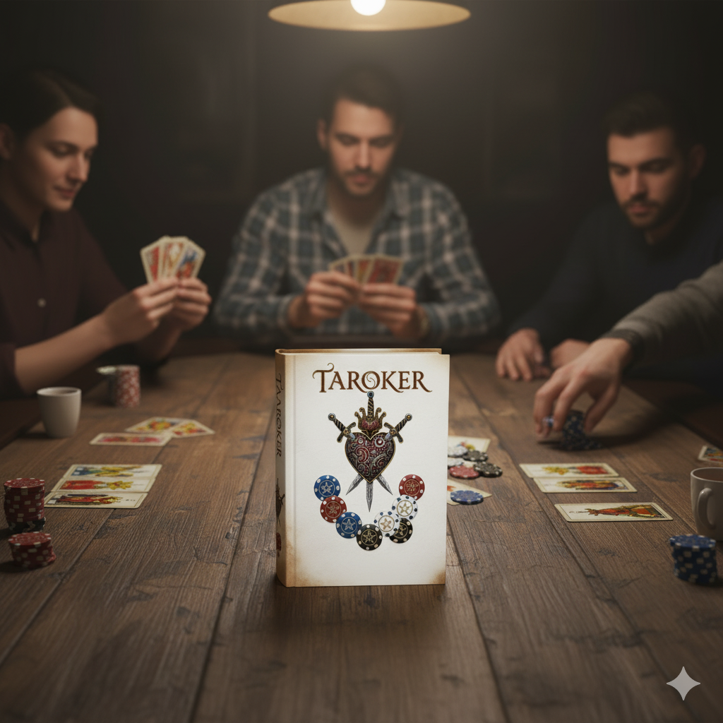 Taroker book on a table with chips